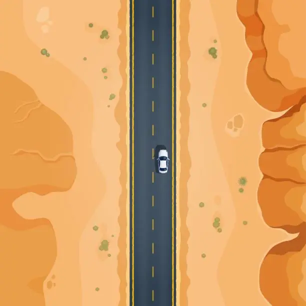 Vector illustration of Desert road top view of car driving along highway