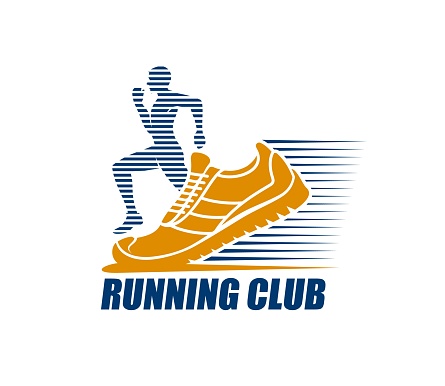 Marathon run sport icon, fitness club symbol. Running sport championship, fitness competition or sprint vector emblem. Athletic club or gym symbol or sign with sneakers, man athlete silhouette