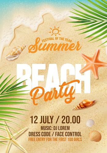 Beach party flyer, sand beach with starfish, palm leaves and seashells, vector top view background. Summer festival or music fest party poster for beach club entertainment event with seashells on sand