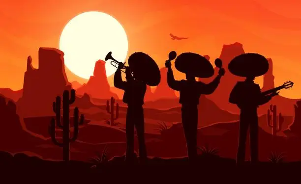 Vector illustration of Mexican mariachi musicians silhouettes at desert