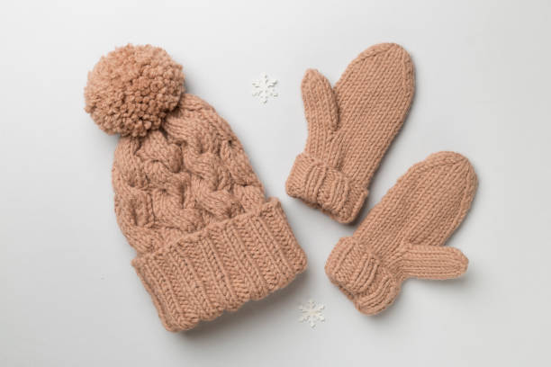istock Brown winter hat and mittens on color background. Top view 1685034396
