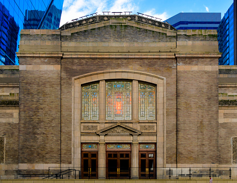 New York – May 2023 – Architectural detail of the New York Public Library (NYPL), a public library system in New York City. It’s the second largest public library in the United States (behind the Library of Congress) and the fourth largest in the world.