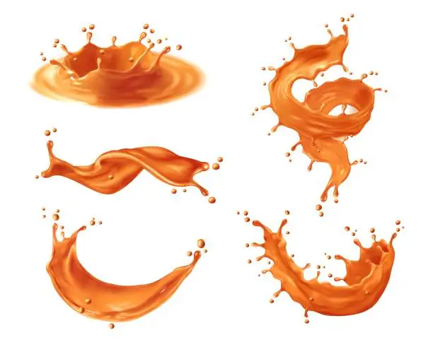 Vector illustration of Caramel sauce syrup splashes, swirls and waves