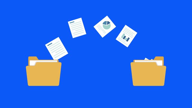 Send Files From Folder to Folder. Animation on blue Background . Transfer Business Documents