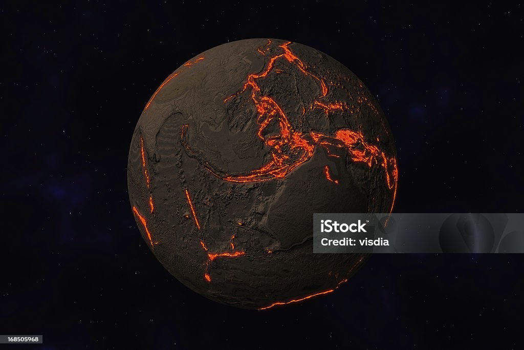 Earth without water and plants in Australia. Along Earth without water and plants in Australia. Along the tectonic plates cracks with rising magma Tectonic Stock Photo