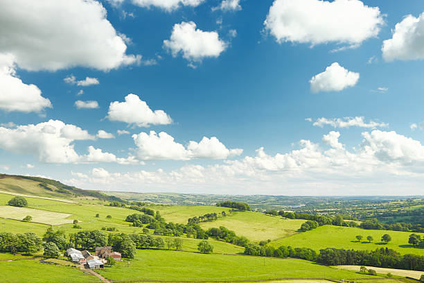 Idyllic English countryside in the Peak District national park on a summer day with single farm in foreground.