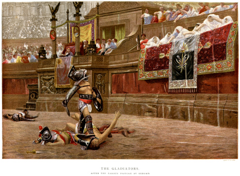 Vintage colour lithograph from 1881 after the painting by Gerome of Gladiators in the ancient Roman Arena