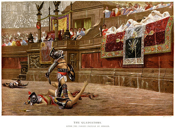 Gladiators Vintage colour lithograph from 1881 after the painting by Gerome of Gladiators in the ancient Roman Arena gladiator stock illustrations