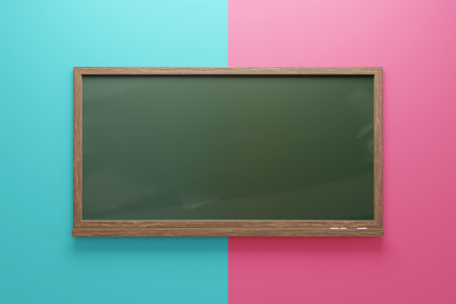 Green chalkboard on red and blue wall. Illustration as design element and copy space for education related topics