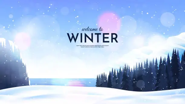 Vector illustration of Vector illustration. Flat landscape. Snowy background. Snowdrifts. Snowfall. Clear blue sky. Blizzard. Cartoon wallpaper. Cold weather. Winter season. Forest trees and mountains. Design for website