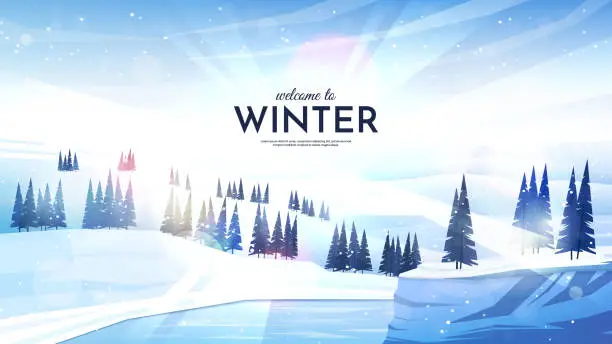 Vector illustration of Vector illustration. Flat landscape. Snowy background. Snowdrifts. Snowfall. Clear blue sky. Blizzard. Cartoon wallpaper. Cold weather. Winter season. Forest trees and mountains. Design for website