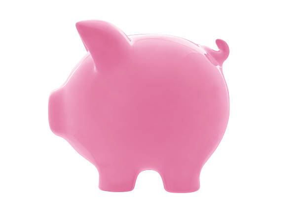 Pink piggy bank, in profile view, isolated on white.  Clipping path included.  Please see also: