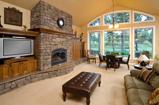 istock Modern living room with brick fireplace 168515564
