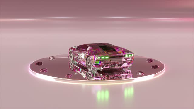 Abstract concept. The diamond car is automatically assembled from parts and rotates on glossy platform. Pink neon