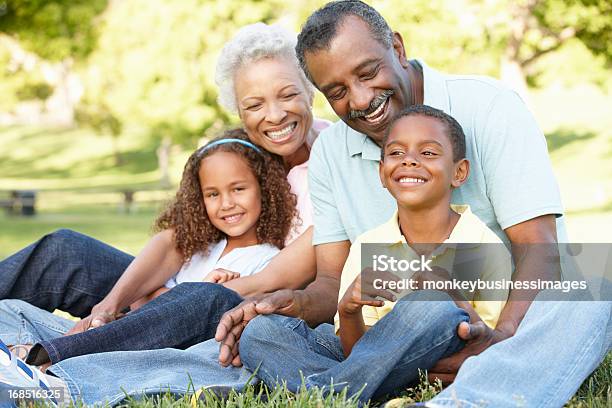 Nonni Con Nipoti Afroamericana Nel Parco - Fotografie stock e altre immagini di Nonni - Nonni, Nipoti maschi e femmine, Afro-americano