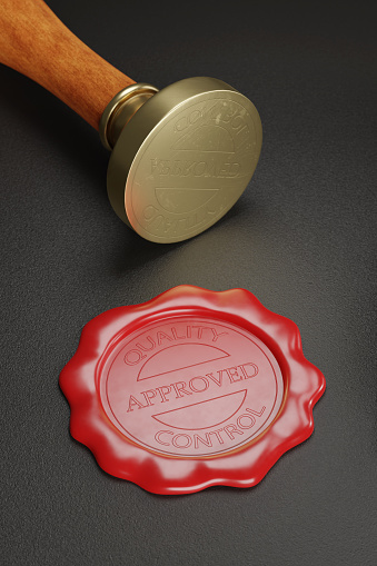 Close-up of Approved quality control wax seal. 3d illustration.