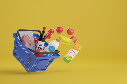 Supermarket basket with various items with copy space. 3d illustration.