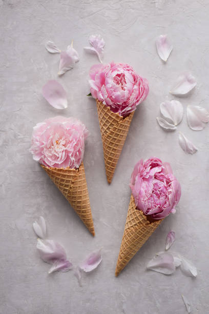 Pink peonies in waffle ice cream cones
