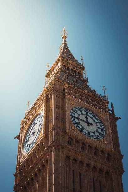 istock Intricate clock tower set against a clear blue sky: Big Ben, London 1685215943
