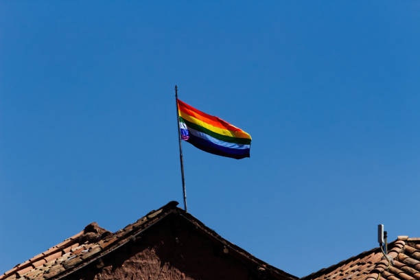 istock Cusco Peru Rainbow Flag Against Blue Sky On Red Tile Roof 1685228545