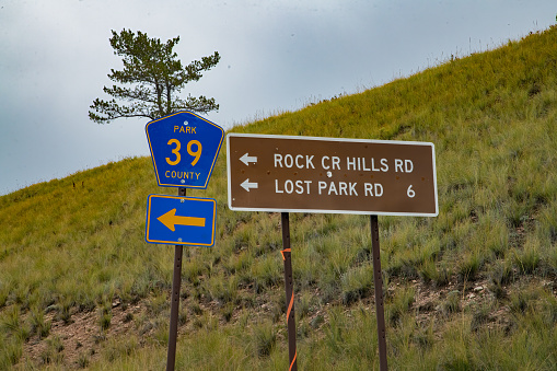 Road signs in rural Park county in central Colorado in western USA of North America.