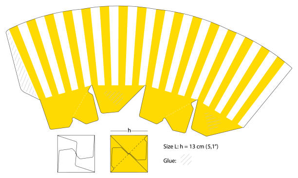 Stripped box template popcorn candies fresh fries. White yellow container much up on white background Stripped box template popcorn candies fresh fries. White yellow container much up on white background. Vector illustration scissors cutting wrapping paper stock illustrations