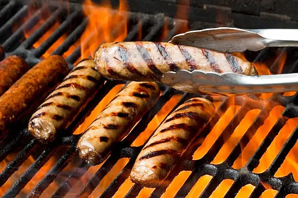 Bratwurst, hot dogs or polish sausage on a flaming charcoal grill.  One brat is being presented in a pair of tongs in front of the others.  All of them have beautiful appetizing grill marks as the flames kiss the meat sealing in the flavors.