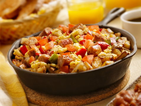 Sausage Pan Scrambler with Hash Brown Potatoes, Scrambled Eggs, Red and Green Peppers, Toast and Fresh Berries- Photographed on Hasselblad H3D2-39mb Camera