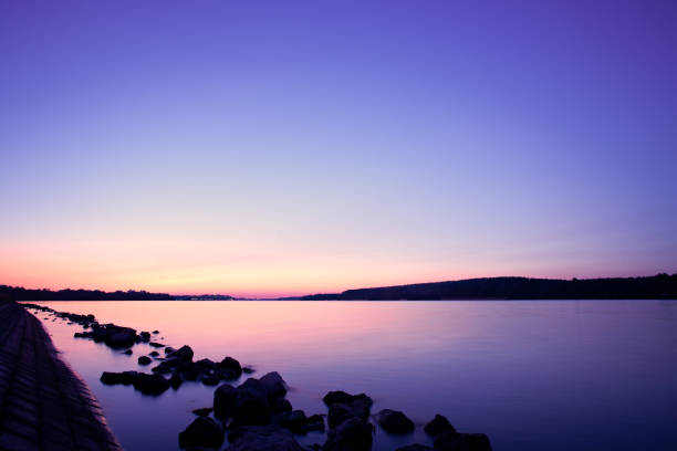 Purple sunset over Dunav and Sava river delta in Belgrade, Serbia