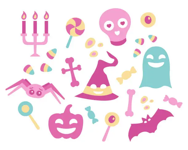 Vector illustration of Set Pink objects for Halloween. Scary holiday in fashion doll style. Cute spider and bat. Smiling witch hat pumpkins and ghost