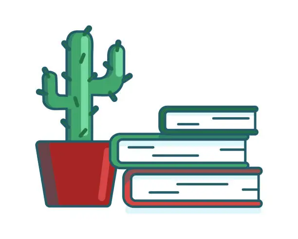Vector illustration of Cactus and a stack of books. Prickly plant in a pot. Reading literature. Home interior items. Training, study. Hobby.