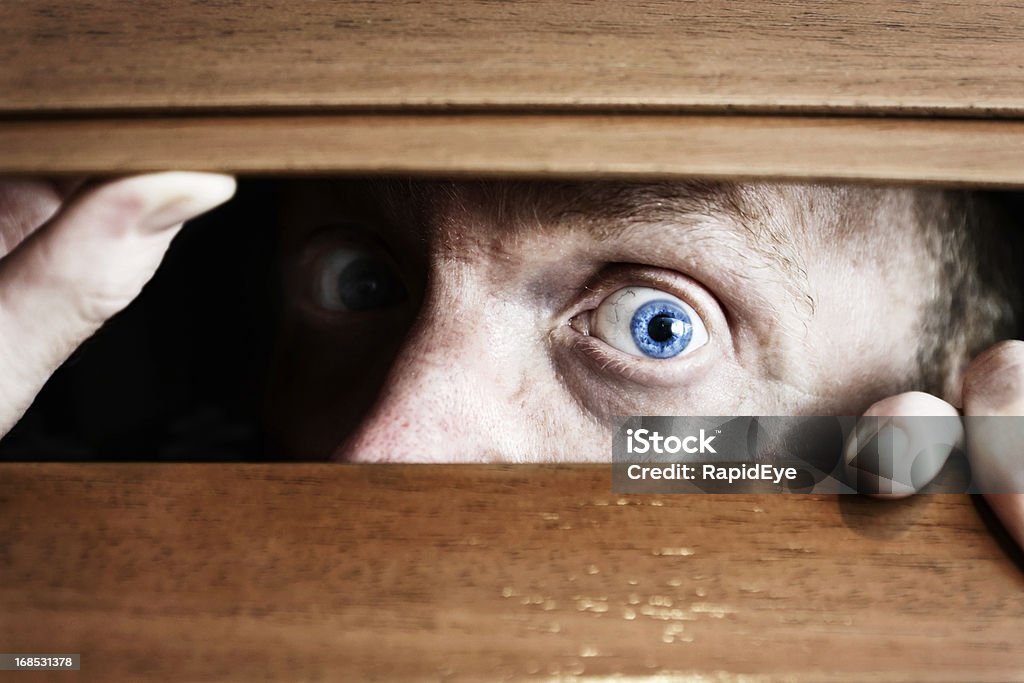 Grande-olho, homem assustado peeps através de venezianas de madeira apprehensively - Royalty-free Assustador Foto de stock