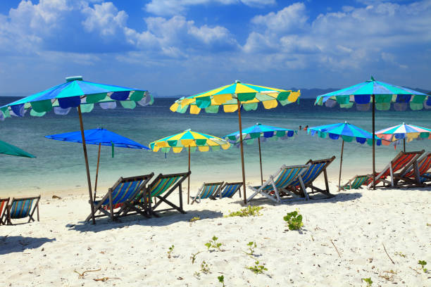 istock Deck chairs and parasols on the beach 168531447