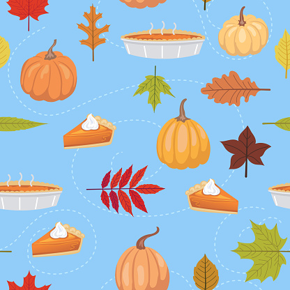 A cute fall themed seamless repeating pattern with a pumpkin pie theme on a simple background.