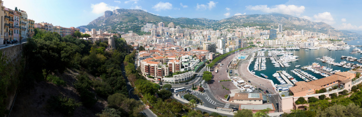 Panoramic view of Monte Carlo harbor in Monaco. Port Hercules. Yachts in the port. Aerial view, cityscape.