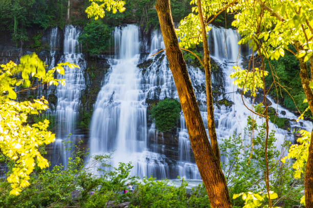 großer wasserfall, der über felsen in den fluss fließt, umrahmt von üppigem goldenem laub in weichem, warmem licht - waterfall stream river tennessee stock-fotos und bilder