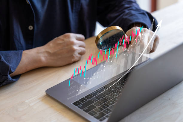 planning and strategy, Stock market, Business growth, progress or success concept. Businessman or trader is showing a growing virtual hologram stock, invest in trading. stock photo