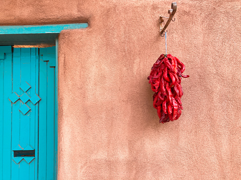 Santa Fe, NM: Red Chili Ristra, Adobe Wall, Turquoise Door