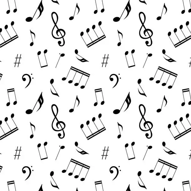 Vector illustration of Seamless pattern of sheet music, musical notes, elements are isolated on a white background.