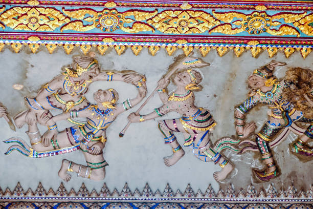 mural na ścianie, zdjęcie cyfrowe jako tło, zrobione w patuxai laos, azja , zrobione w świątyni sisaket, luang prabang, laos, azja - laos luang phabang thailand religion zdjęcia i obrazy z banku zdjęć