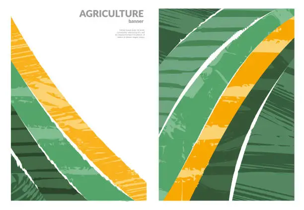 Vector illustration of Agriculture farm green poster design. Organic abstract field vector background. Agro landscape flyer. Agri business template. Eco farmland illustration set. Organic pattern card. Summer nature cover