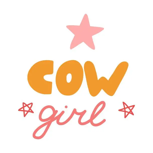 Vector illustration of Handwritten cowgirl lettering with stars. Aesthetic and funny pink lettering in western, wild west theme. Hand drawn vector design for poster, t-shirt print, retro cowboy and cowgirl party, postcard