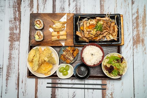 mixed of Japanese dishes on rustic background