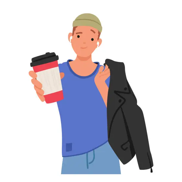 Vector illustration of Teenage Boy Confidently Strikes A Casual Pose, Holding A Coffee Cup And Blazer, Exuding Youthful Charm, Vector