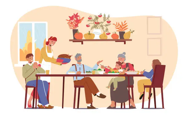 Vector illustration of Close-knit Family Gathers Around A Festively Table, Sharing Laughter, Gratitude, And A Delicious Thanksgiving Feast