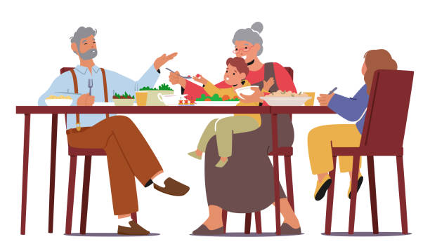 祖父母と子供のキャラクターがお祝いのテーブルの周りに集まり、感謝祭に感謝、笑い、食事を分かち合います - grandmother child senior adult multi generation family点のイラスト素材／クリップアート素材／マンガ素材／アイコン素材