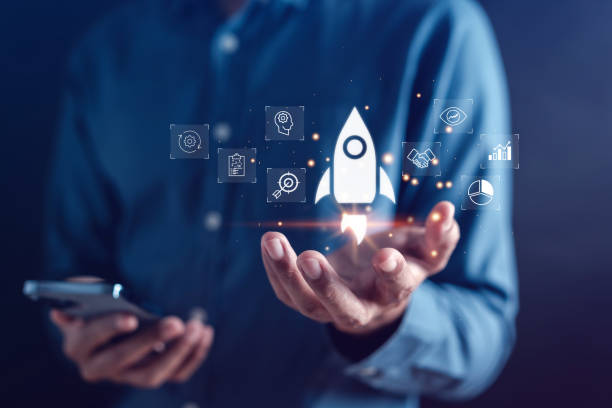 istock Start up Business growth aiming to success with rocket launch icon, planning development leadership and customer target group concept. 1685549440