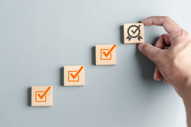 istock Step to Quality Standard approved Assurance or QA and Quality Control or QC and improvement. Standardization. certification. Compliance to regulations service and standards. 1685551896