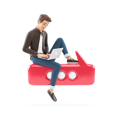 3d cartoon man with laptop sitting on bubble talk, illustration isolated on white background