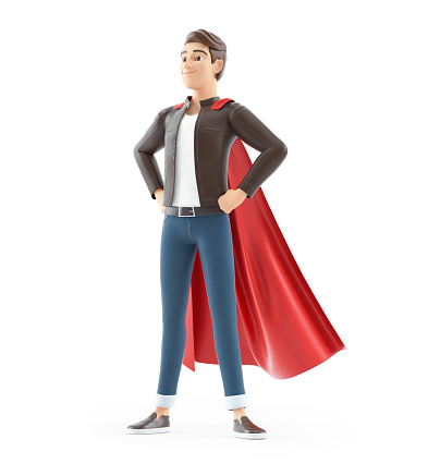 3d cartoon man standing with red cape, illustration isolated on white background